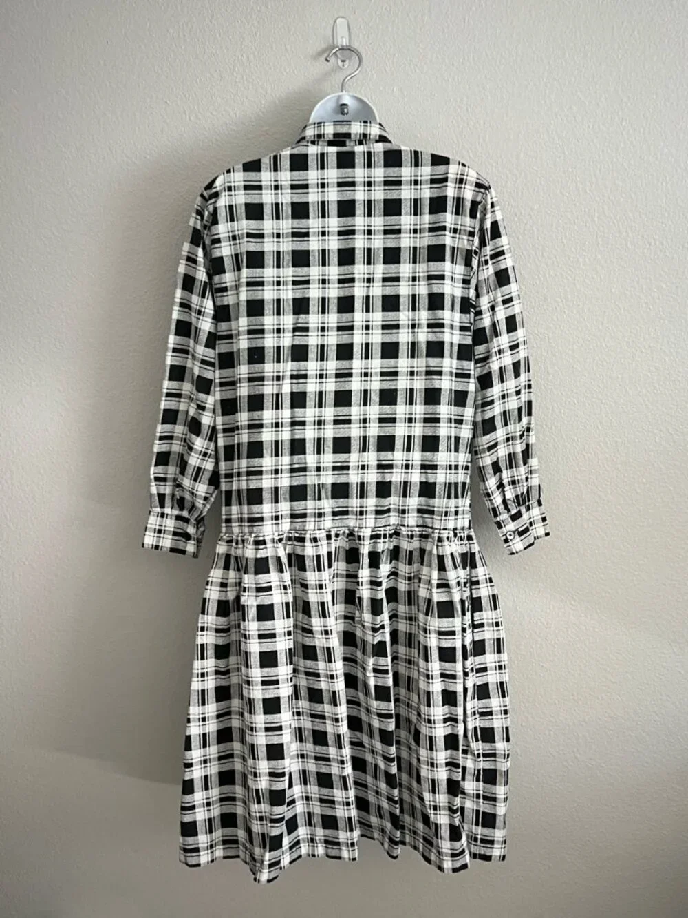 80s Cotton Plaid Long Sleeve Drop Waist Midi Dress Apostrophe Collared Size S